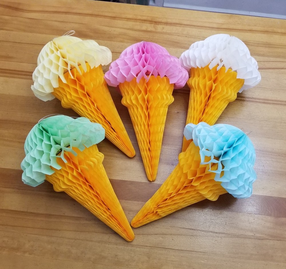 10 *HONEYCOMB TISSUE ICE CREAM CONES* Green Yellow Pink Blue White Summer Party