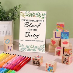 Baby Shower Games Sign Kit with 50 Blank Wooden Baby Blocks, 24 Acrylic Paint…