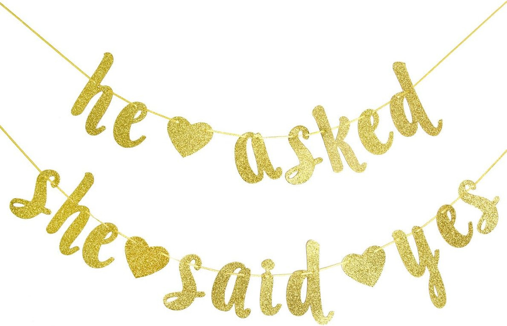 He Asked She Said Yes Gold Glitter Banner – Wedding, Engagement, Bridal Shower P