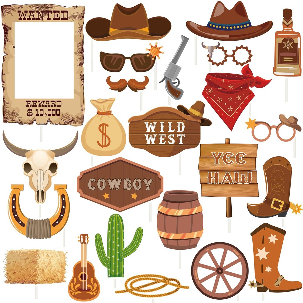24 PCS Western Cowboy Photo Booth Props Cowboy Cowgirl Birthday Decorations