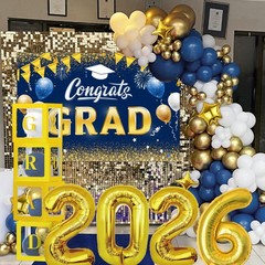 Navy Blue and Gold Graduation Balloons Garland Arch Kit with Backdrop GRAD Ba…