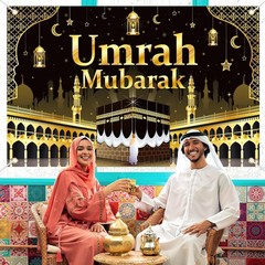 Umrah Mubarak Banner Party Decorations, Gold & Black Backdrop Islamic Party Sup