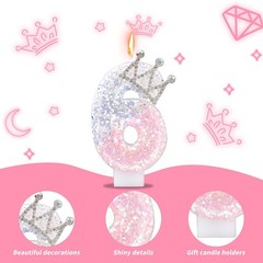 Crown Birthday Number Candles, Glitter Pink & Silver Cake pink,silver