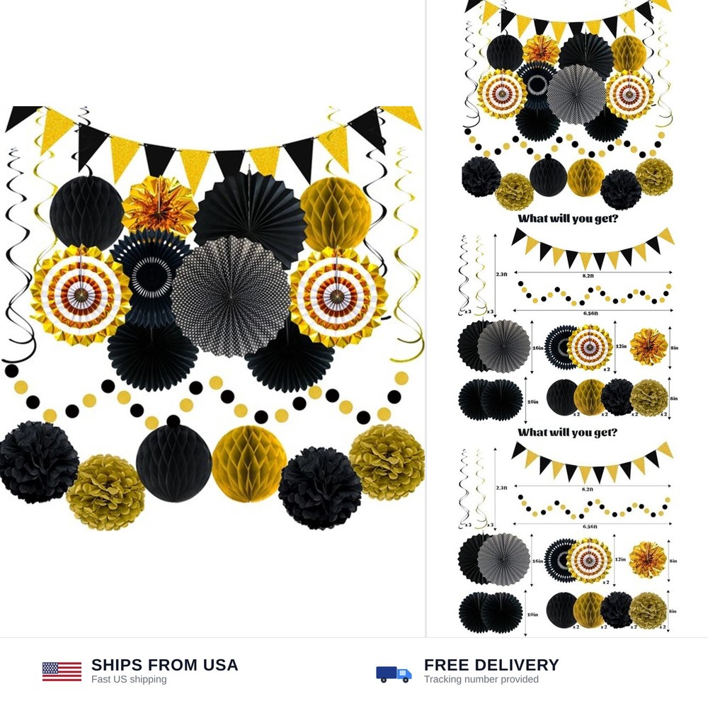 24 Pcs Black and Gold Party Decorations, Paper Fans Pom Poms Garland Decor | …