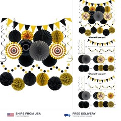 24 Pcs Black and Gold Party Decorations, Paper Fans Pom Poms Garland Decor | …