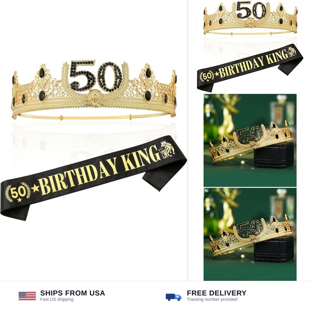 Gold Crown and Sash for 50TH Birthday King, Metal Birthday Party Decoration f…
