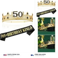 Gold Crown and Sash for 50TH Birthday King, Metal Birthday Party Decoration f…