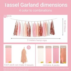 20 Pcs Tassel Garland, Boho Party Decor, Bridal Shower Wedding, Pink