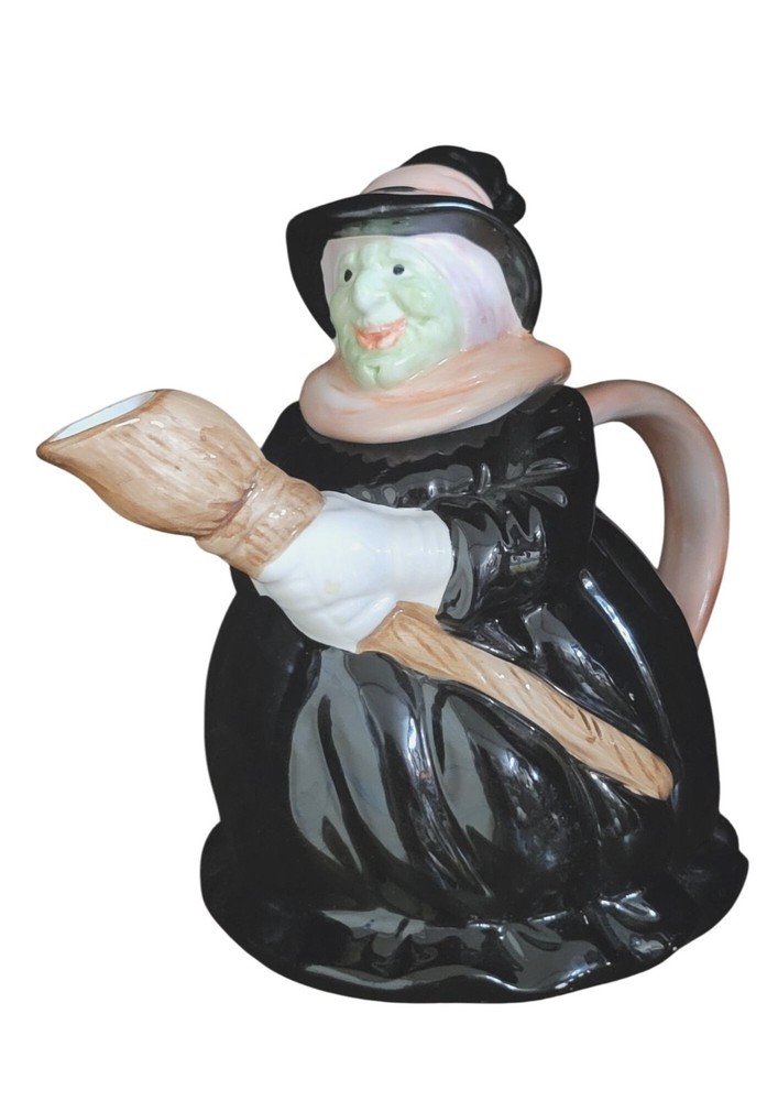Vintage Novelty Ceramic Teapot Witch with Broom Shaped Halloween Decor Enesco