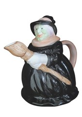 Vintage Novelty Ceramic Teapot Witch with Broom Shaped Halloween Decor Enesco