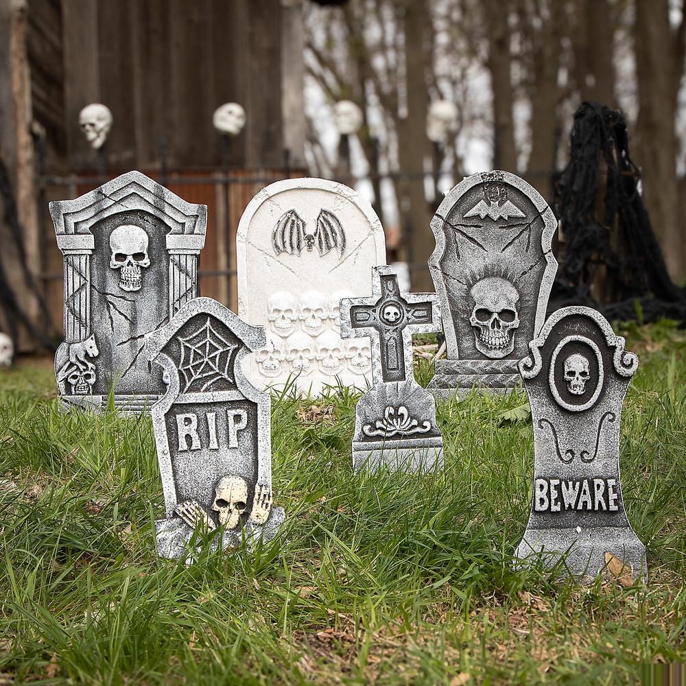Bat & Skull Foam Tombstone Halloween Decorations Set 6 Pc. – Morris Costumes