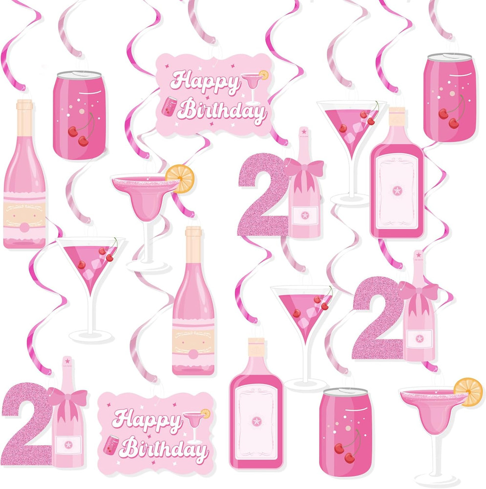 21St Birthday Hanging Swirls Decorations, Pink Champagne Wine Bottle 21St Birthd