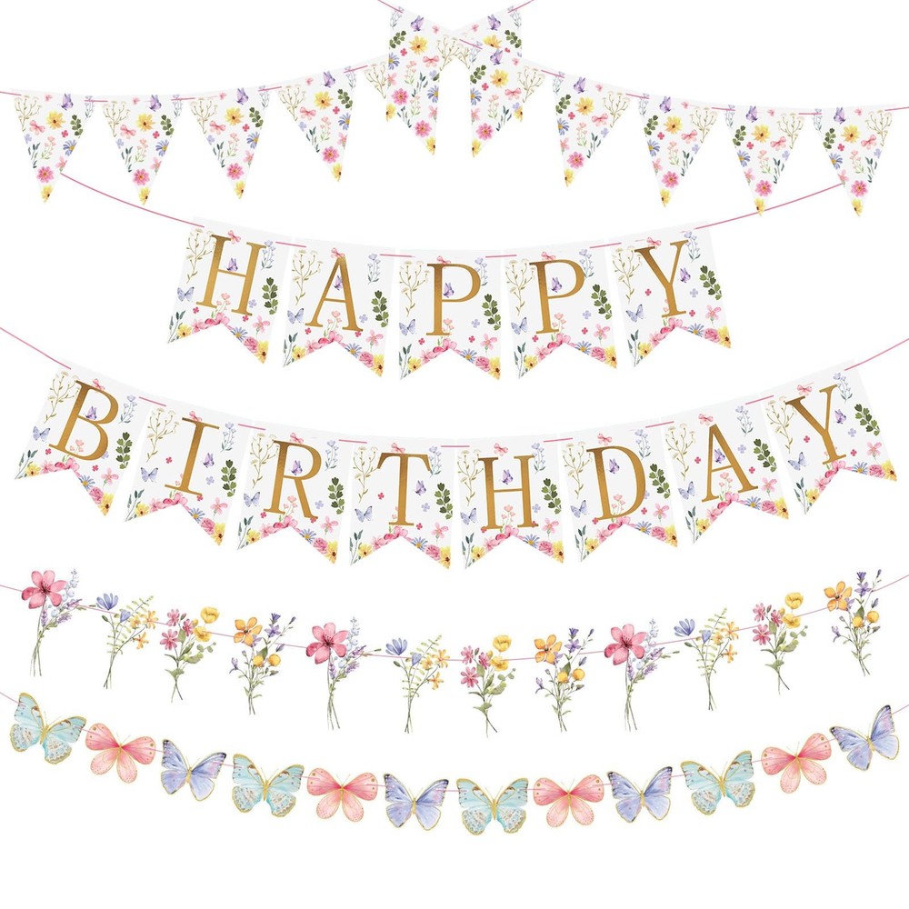 Flower Birthday Decorations,Floral Birthday Banners,with Flower Bouquet Garla…