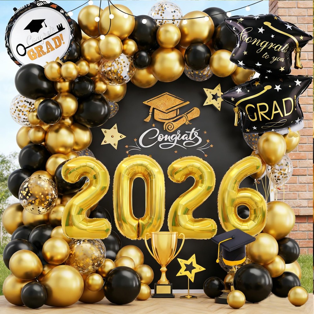 Black Gold Graduation Party Decorations 2026, Graduation Balloon Arch Kit wit…