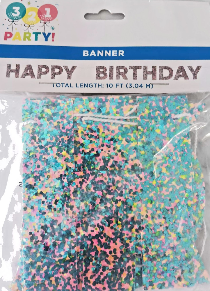 NEW 321 Party Happy Birthday Banner MULTI-COLOR sparkle 10 FEET LONG