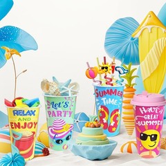 Summer Pool Party Cups Set 24 Reusable Plastic Cups With Lids Straws