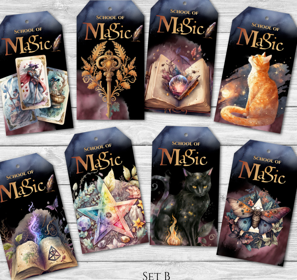 8 School of Magic Magicians & Wizards Party Gift Tags & Ribbon – Set B