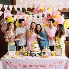 5 Pcs 49 ft Lemon Gingham Banner Pink Yellow Lemonade Checkered Party Decorat…
