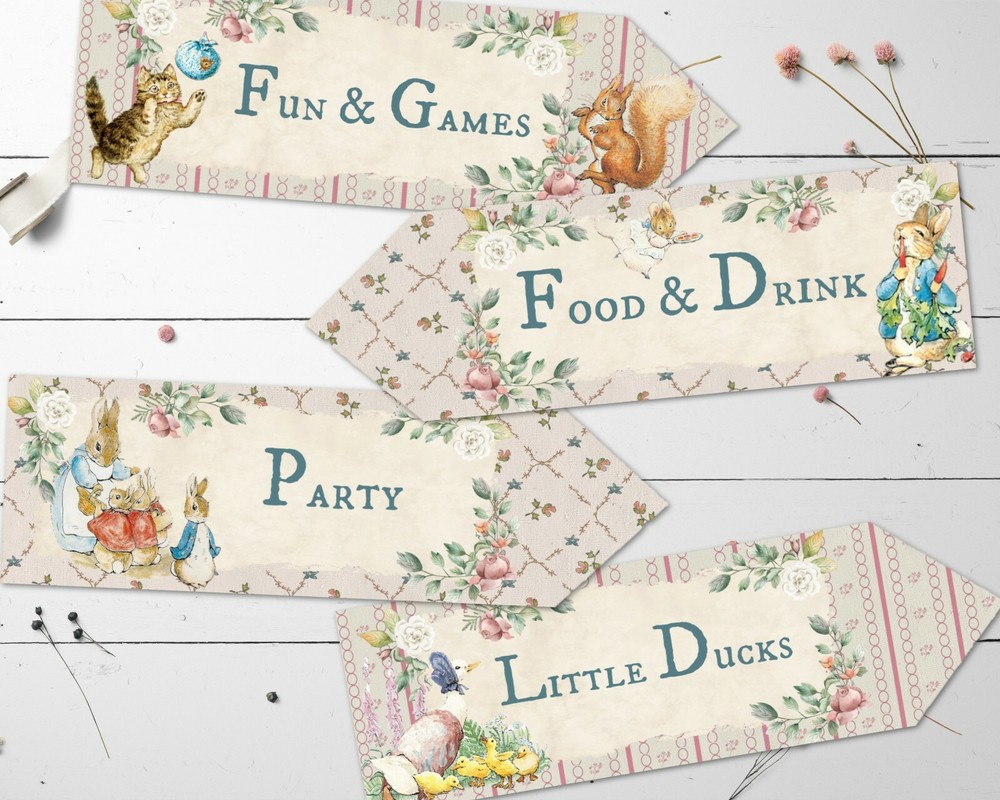 4 Rabbits and Woodland Characters Vintage Print Party Decoration Arrows