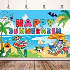 Summerween Backdrop Halloween Beach Skeleton Sunset Banner Photo Background