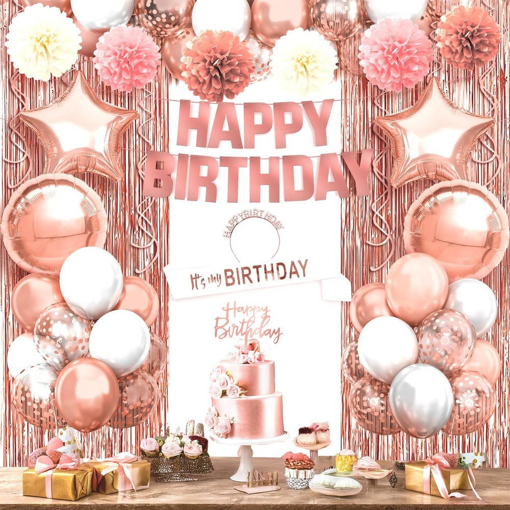 Rose Gold Birthday Decorations Set – Pack of 47, Balloons, Pompoms, Banner