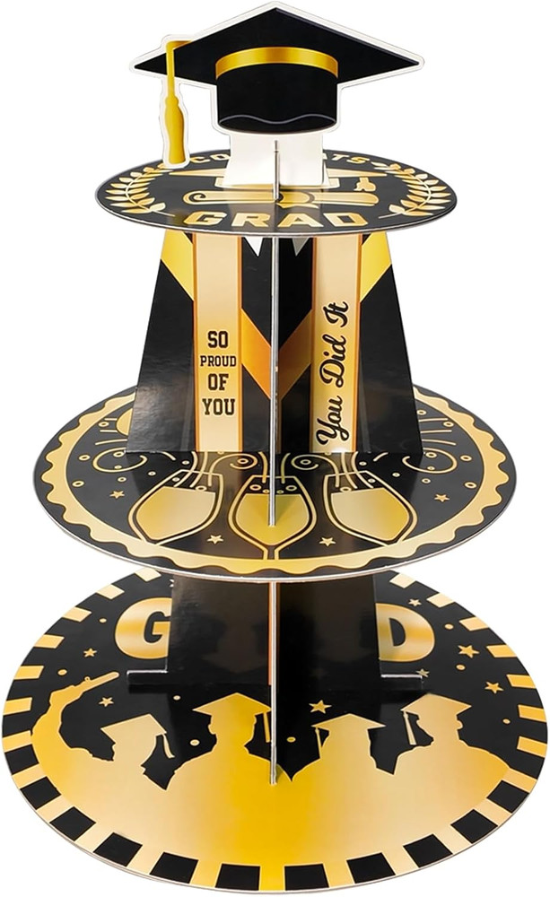 Graduation Cupcake Stand for 25, Class of 2026, 3-Tier Black and Gold Display