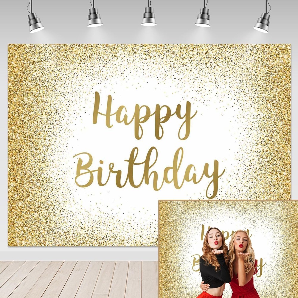 Mocsicka Happy Birthday Backdrop – Gold Glitter Sweet 16 Photo Backdrop for W…