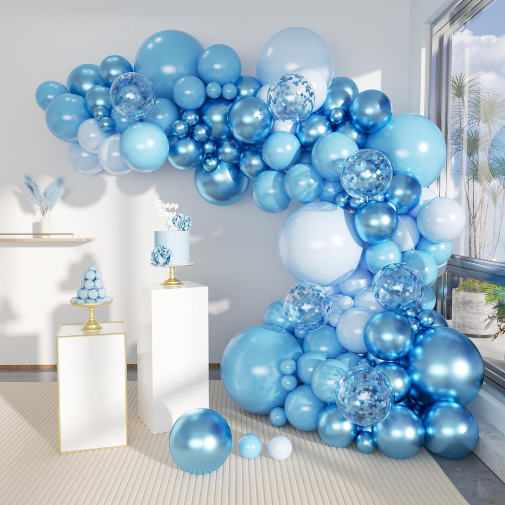 Blue Balloons Garland Arch Kit, 147 Pcs Metallic Macaron Light Blue and Confe…
