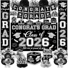 Class of 2026 Graduation Decorations Black & Silver All-in-1 Banner Balloon Kit