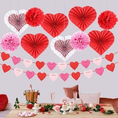 Valentine Day Hanging Decorations Kit Bunting Heart Paper Fans Pompoms Set