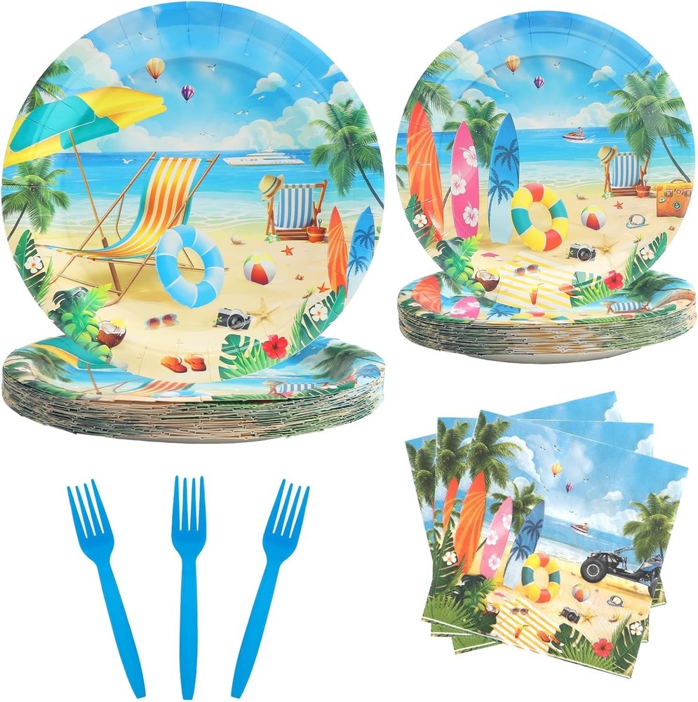 Beach Themed Disposable Tableware (Plates, Napkins, Forks)