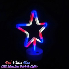 4th of July Decorations Star Neon Signs With Holder Base, Red White Blue Star Li