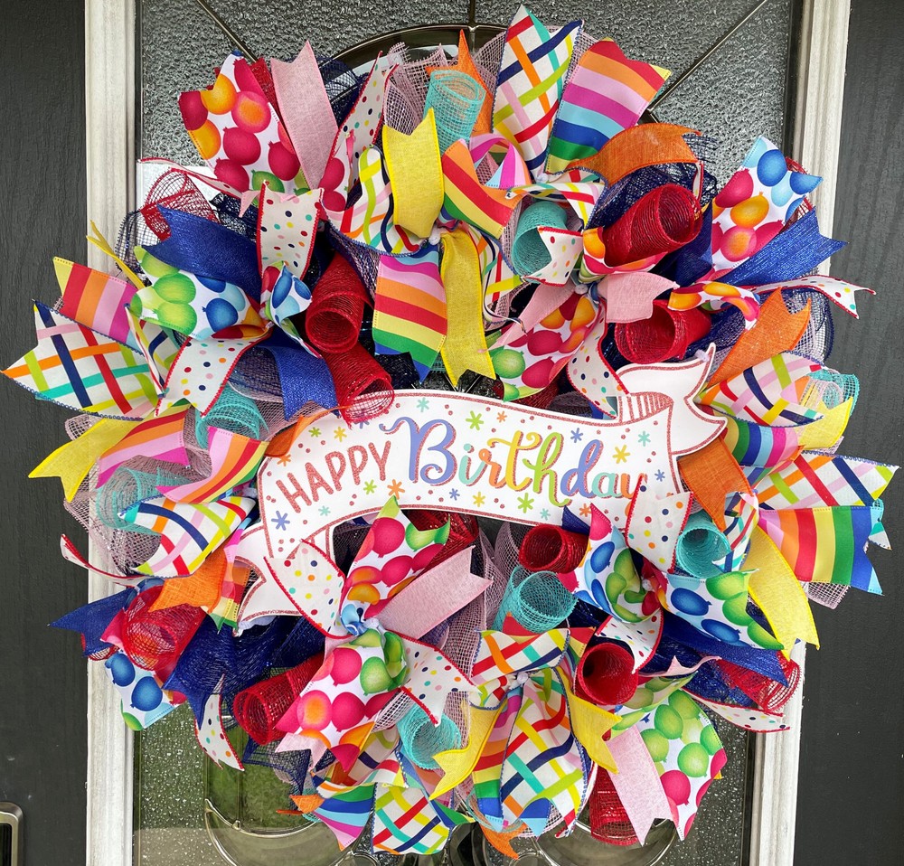 Happy Birthday Balloon Party Front Door Deco Mesh Wreath Festive Bright Cheerful