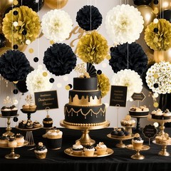Black and Gold Party Decorations, 16 PCS Tissue Paper Pom Poms Dots Paper Gar…