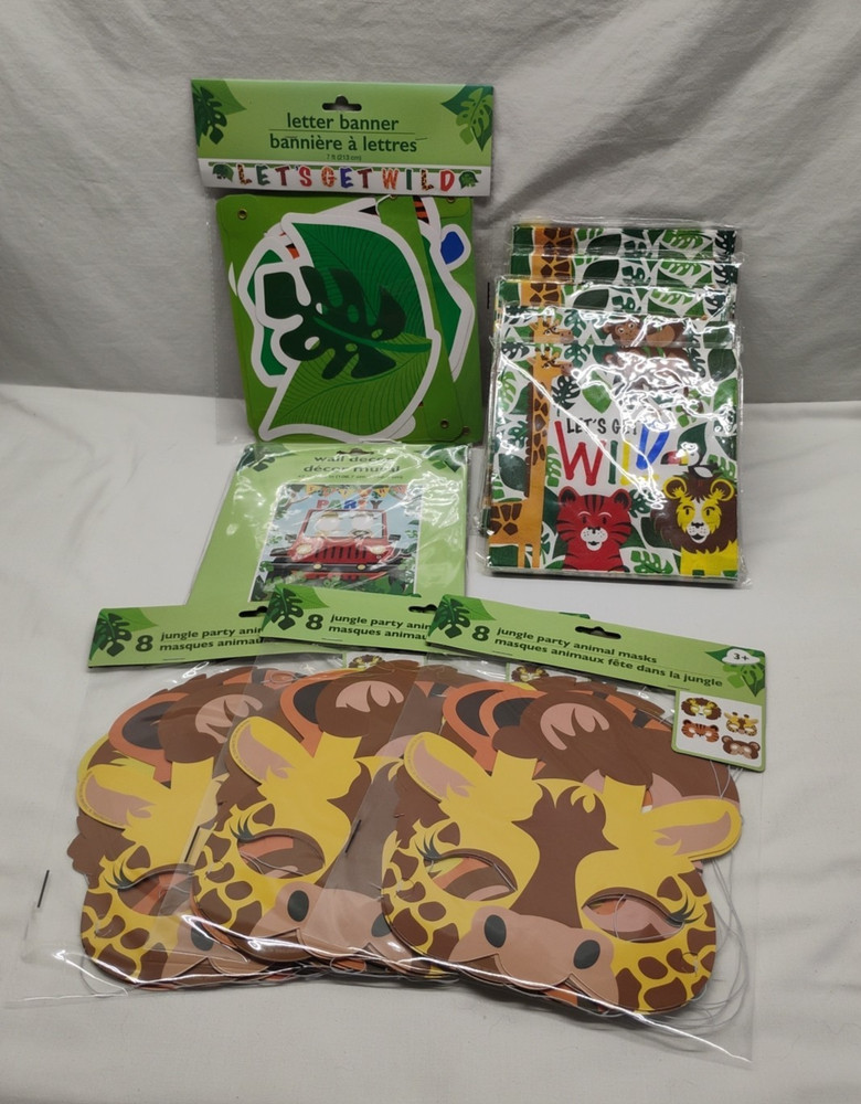 New «Let’s Get Wild» Jungle Safari Party Supplies Lot Masks Napkins Mural Banner
