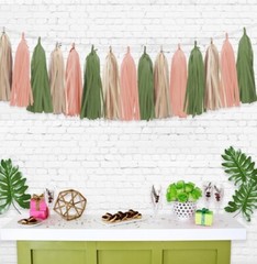 Retro Pink Sage Green Tissue Pepper Tassel Garland for Woodland Shower 15 Pcs