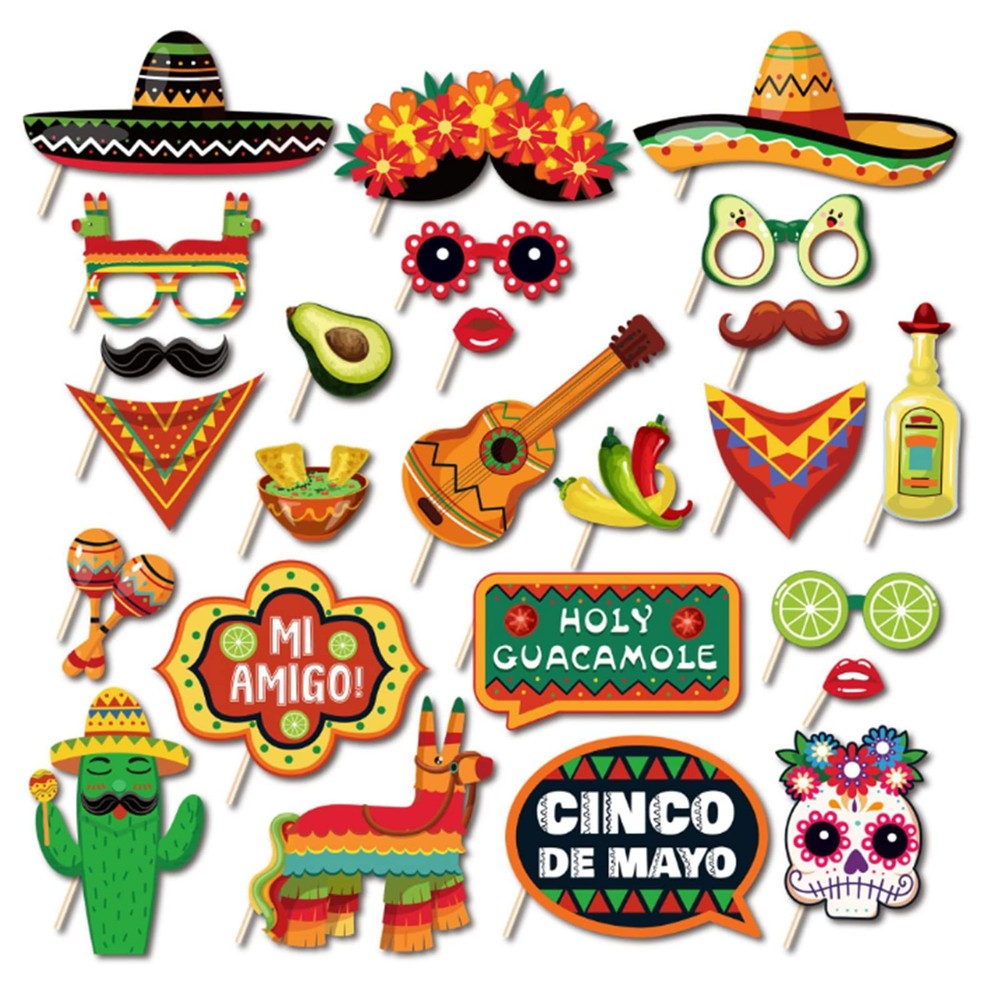 25 PCS Mexican Fiesta Photo Booth Props Stick Cinco De Mayo Party Decorations