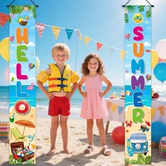 Hello Summer Porch Sign Decorations Banner Tropical Beach Hawaiian Summer Doo…