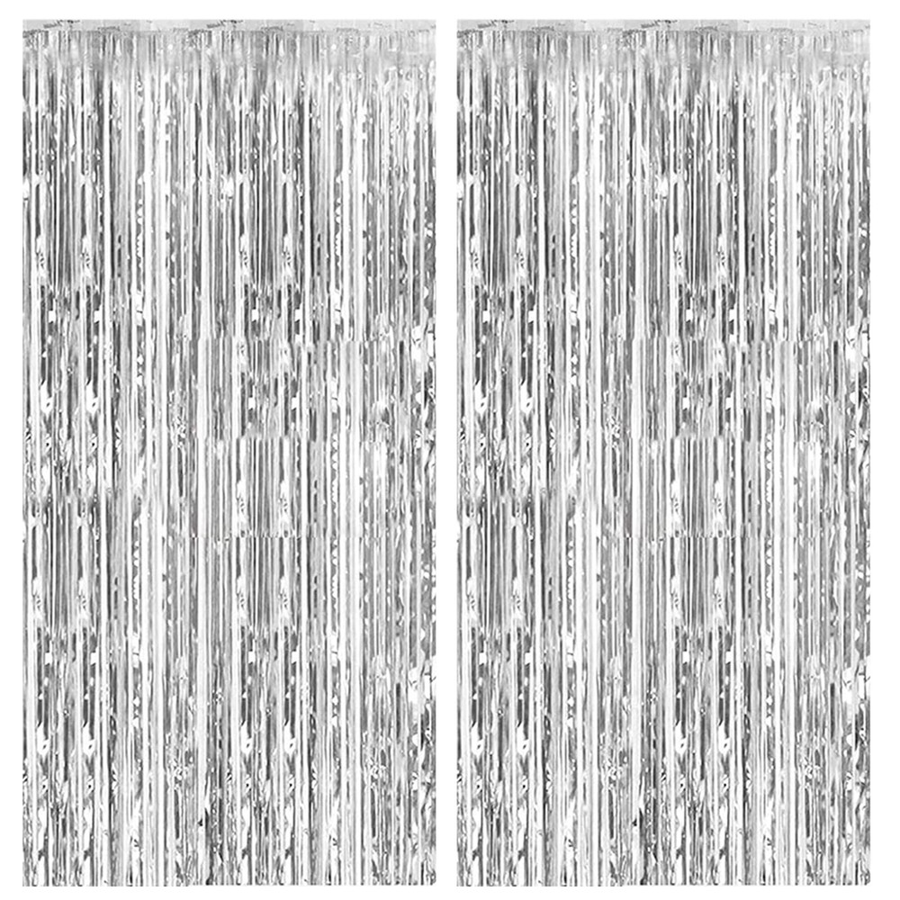 2 Pack Foil Curtain Backdrop Silver Metallic Tinsel Fringe 2 PCS,