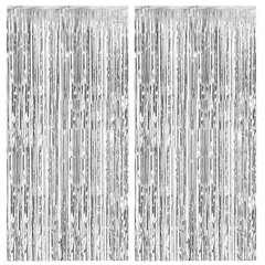 2 Pack Foil Curtain Backdrop Silver Metallic Tinsel Fringe 2 PCS,