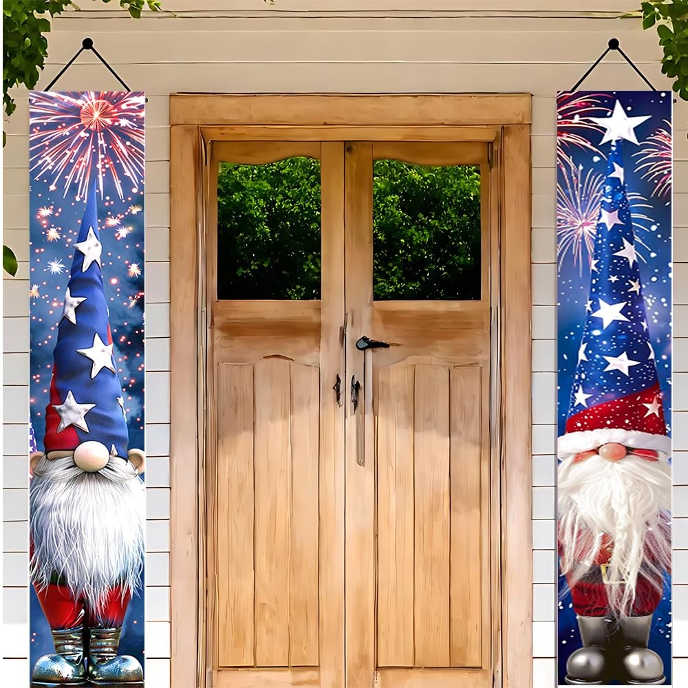 2D flat Patriotic Gnome Porch Banners Set of 2, Hanging Decorations for Front…