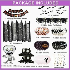 Happy Halloween 47 Piece Party Decorations Black Spider &White Ghost Gauze NEW