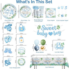 201PCS Baby Shower Decorations Boy Tableware Set, 25 Serves Disposable Plates an