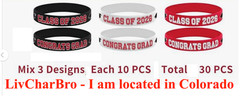 30 Pcs Red White Black Congrats Grad & Class of 2026 Silicone Wristband Bracelet