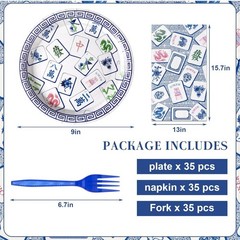 Mahjong Game Disposable Tableware (Plates, Napkins, Forks) Serves 35 Guests