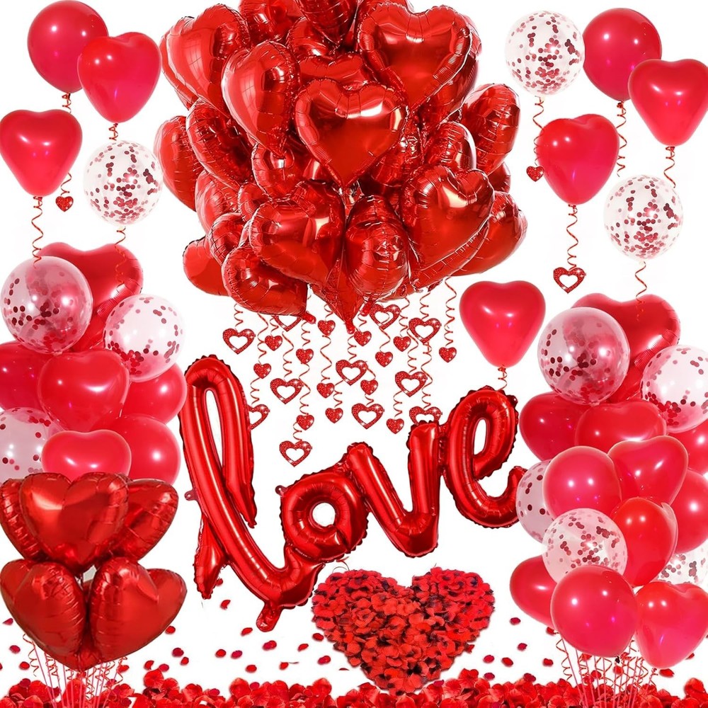 Red Valentines Day Decorations W/ Red Heart Balloons & Love Balloon Fake Rose