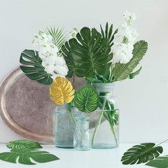 54Pieces 9Kinds Artificial Tropical Leaf Jungle Leaves 54pcs Green & Golden