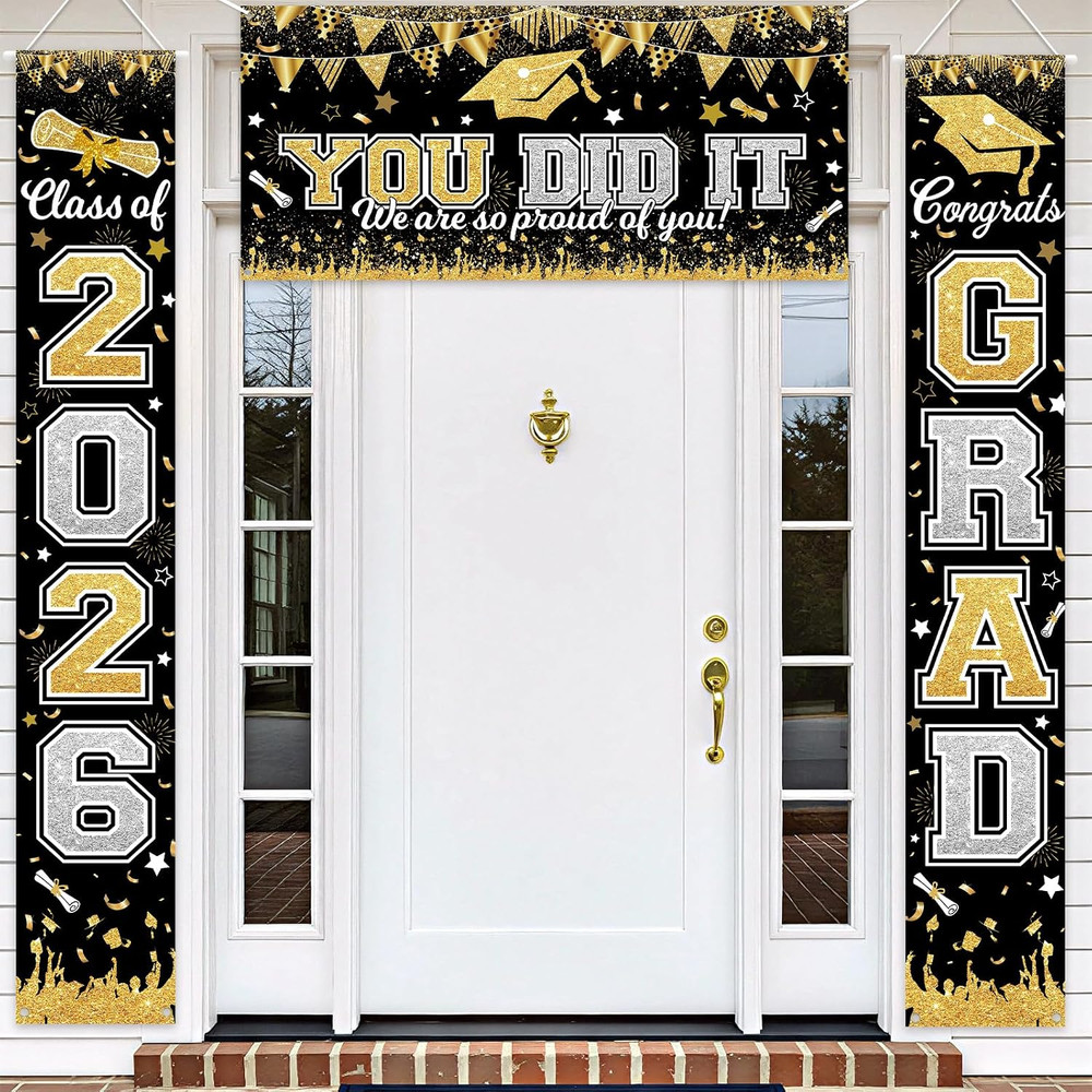 Graduation Decorations Class of 2026 Graduation Banner 3 Pieces Set Black Gold C