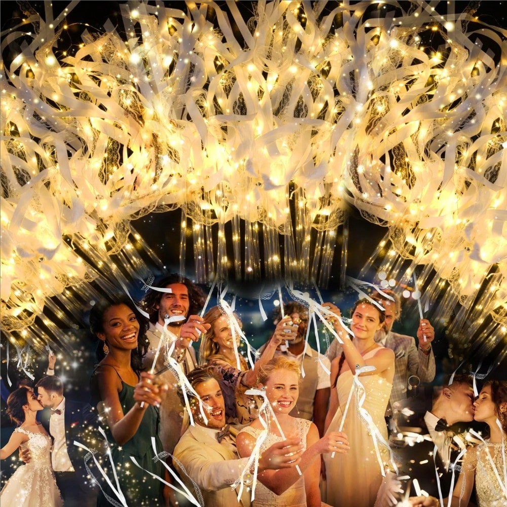 30 Pack LED Light Up Ribbon Wands Wedding Bell Party Favors