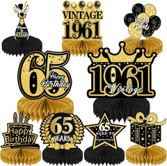 65th Birthday Decorations for Men – 9PCS Vintage 65th Birthday Honeycomb Centerp
